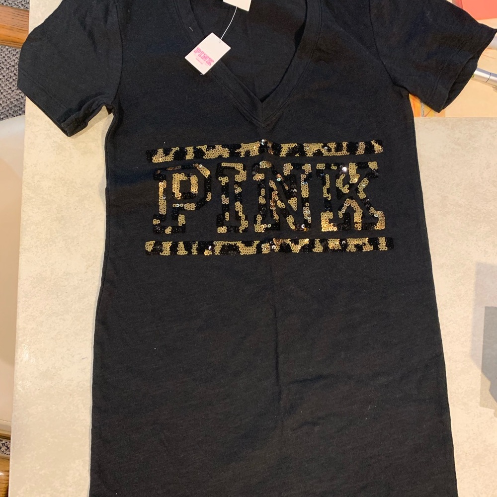 🆕 PINK Black V-Neck T-Shirt with Gold Sequin Design